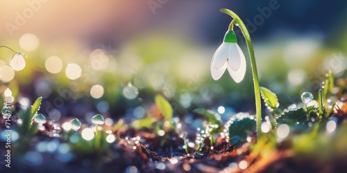 March nature garden. Early spring flower. Bud macro close up. Forest plant background. First white snowdrop bloom. easter sun light. april color beauty. cold day leaf drop. green grass grow. new life. photo