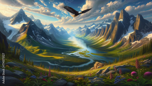 Majestic Eagle Soaring Above a Serene Mountain Valley at Sunrise