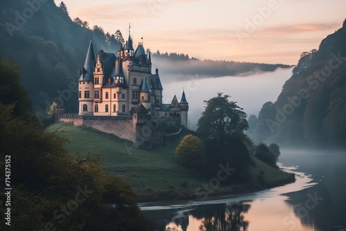 Whimsical fairytale castle perched on a hill surround © CREATIVE STOCK