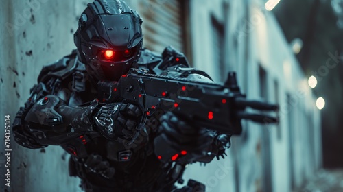 A mysterious figure clad in black armor brandishes a powerful gun in this thrilling screenshot from a futuristic action-adventure game, blending elements of action film 