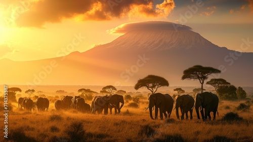  a herd of elephants walking across a dry grass field under a cloudy sky with a mountain in the distance in the distance, with trees in the foreground, and in the foreground, a.