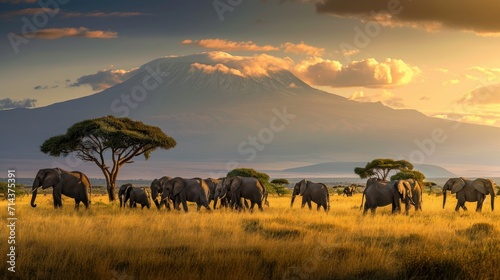  a herd of elephants walking across a dry grass field under a cloudy sky with a mountain in the distance in the distance, with a few trees in the foreground. © Anna