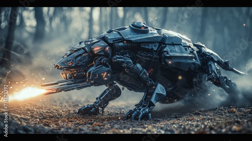A futuristic robotic animal armed with a powerful gun battles through a digital world in this thrilling action-adventure pc game, as seen in this epic screenshot featuring stunning digital compositin photo