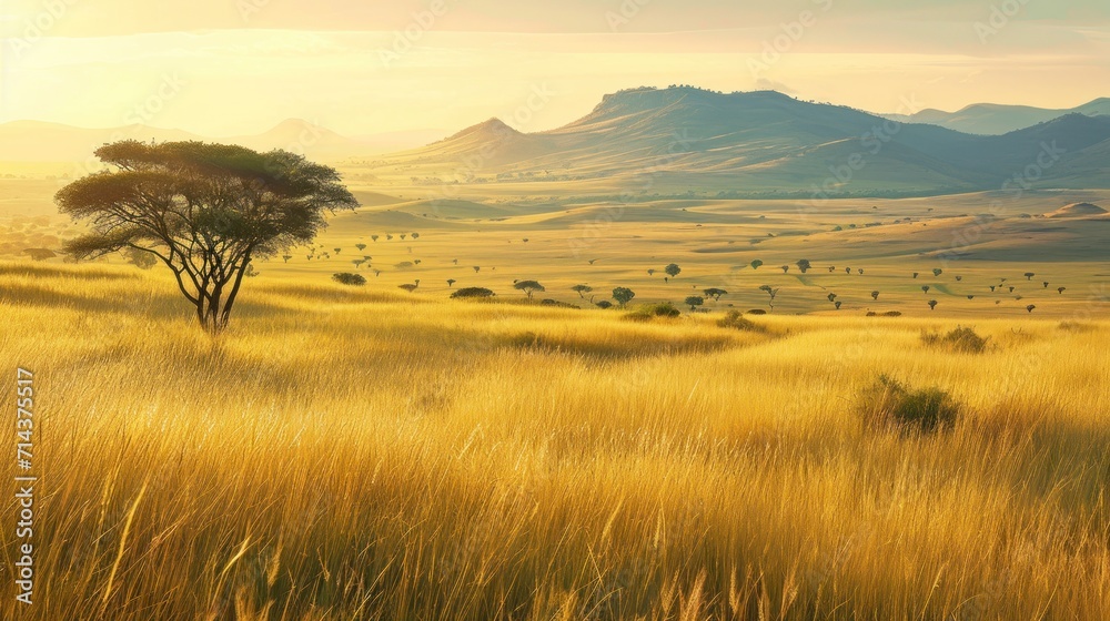 a grassy field with a lone tree in the middle of the field and mountains in the distance in the distance is a mountain range with a few trees in the foreground.