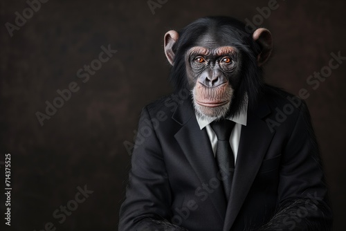 Portrait of a chimpanzee dressed in a formal business suit, 