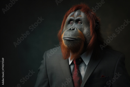 Portrait of an Orangutan dressed in a formal business suit,