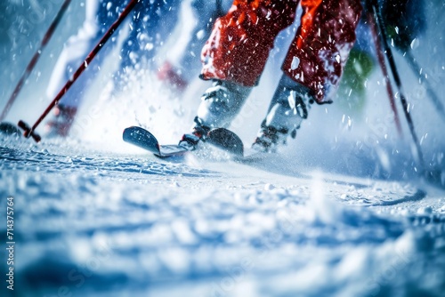 A fearless skier glides gracefully down the snowy slope, their trusty sports equipment propelling them through the crisp outdoor air with exhilarating speed and skill photo