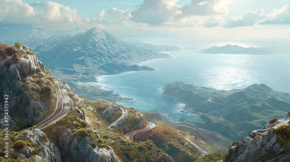 a scenic view of a mountain with a winding road in the foreground and a body of water on the far side of the mountain is a large body of water. a scenic view of a mountain with a winding road in the foreground and a body of water on the far side of the mountain is a large body of water.