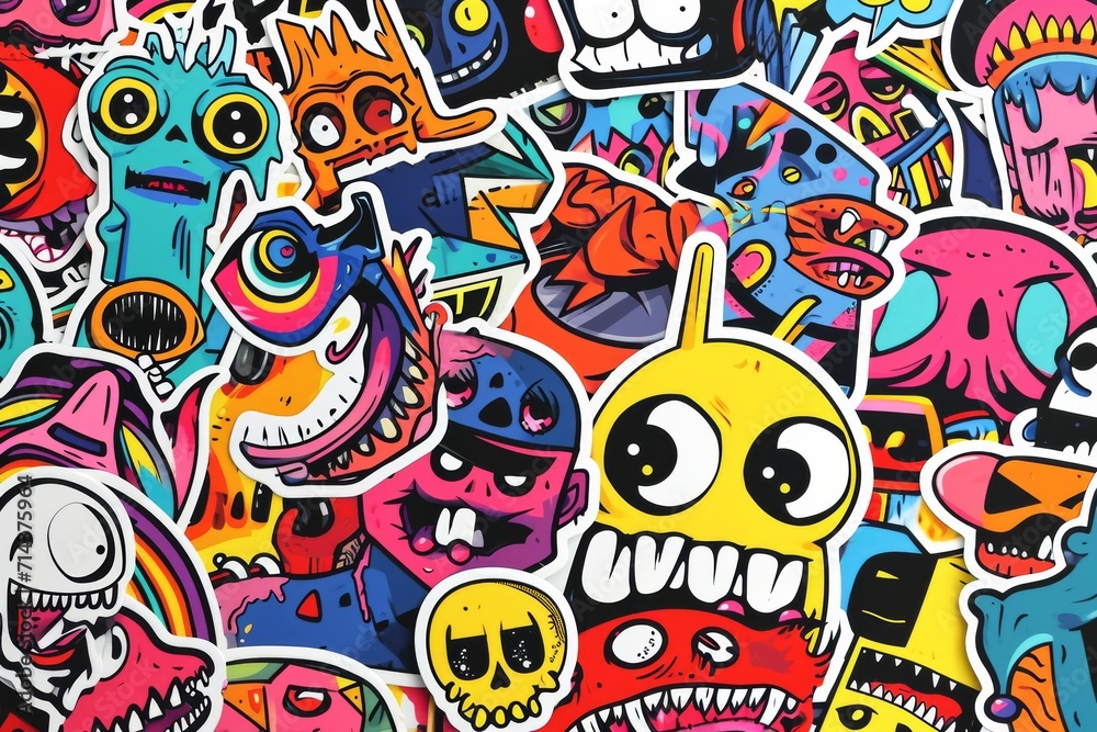 A vibrant and eclectic collection of hand-drawn cartoon stickers, bursting with bold graphics, psychedelic illustrations, and modern art influences, featuring a mix of clipart, doodles, and graffiti 