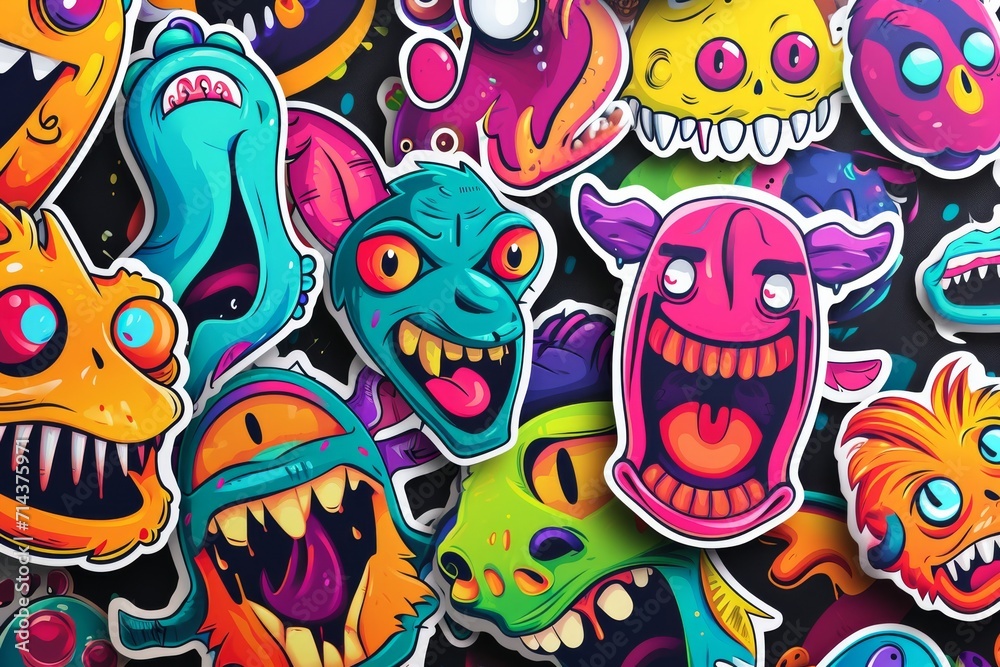 A colorful array of cartoon monsters, their unique designs and whimsical features brought to life through psychedelic art and intricate illustrations, evoking a sense of childlike wonder and imaginat A colorful array of cartoon monsters, their unique designs and whimsical features brought to life through psychedelic art and intricate illustrations, evoking a sense of childlike wonder and imaginat