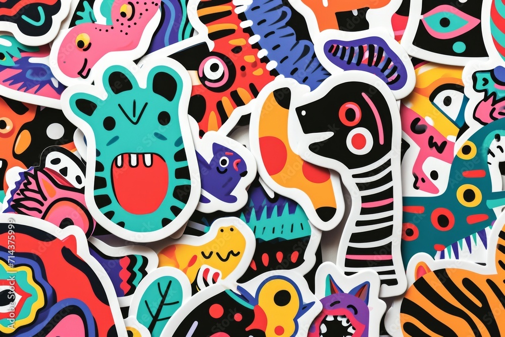 Vibrant stickers in a whimsical array, bursting with artistic expression and playful patterns perfect for any creative project or child's imagination