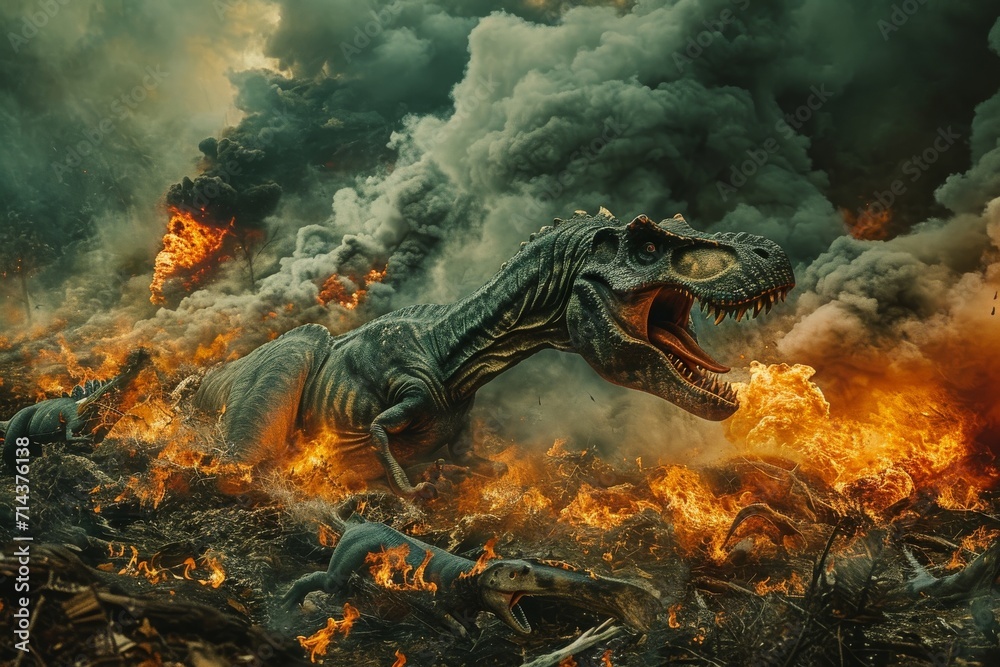 A prehistoric creature roars amidst the fiery inferno, its scales illuminated by the blazing heat and billowing smoke, a powerful symbol of destruction and danger in the great outdoors A prehistoric creature roars amidst the fiery inferno, its scales illuminated by the blazing heat and billowing smoke, a powerful symbol of destruction and danger in the great outdoors