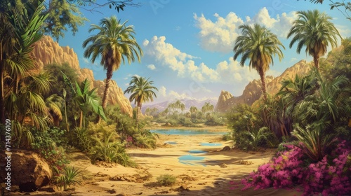  a painting of a tropical landscape with palm trees and a stream in the middle of the desert with purple flowers in the foreground and a blue sky with white clouds.