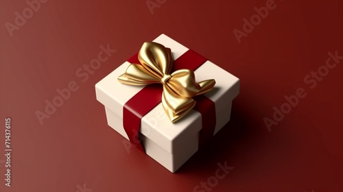 Blank gold ribbon bow gift box open or top view of white Ai Generative