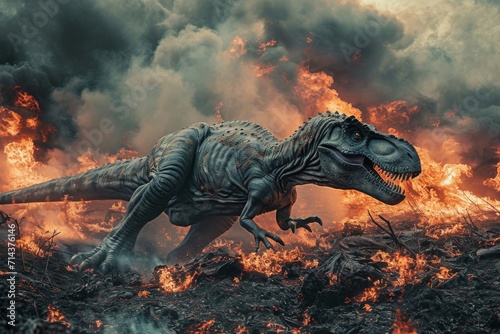 A fiery beast races across molten terrain, its scaled body resembling a mammalian creature as it escapes the dangers of the prehistoric landscape