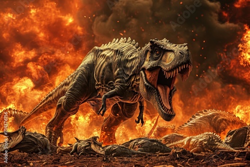 A fiery beast roars in the midst of a burning landscape  a terrifying combination of ancient reptile and mythical dragon