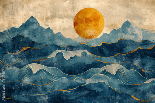 Sunset, Dragon Art Deco Inspired Wallpaper, Elegant Geometric Wallpaper Design, Gold Accents