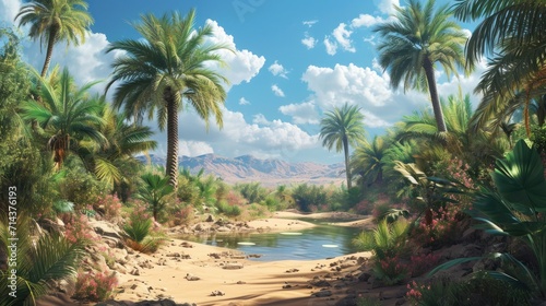  a painting of a tropical scene with palm trees and a river in the middle of the desert  with mountains in the distance  and a blue sky with clouds in the background.