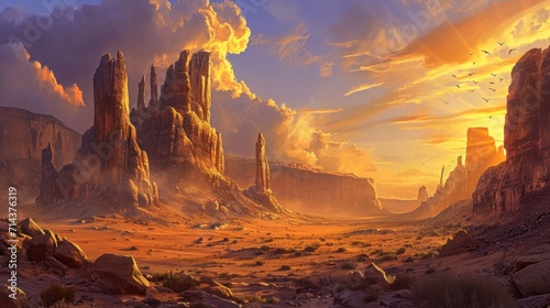  a painting of a desert scene with a castle in the middle of the desert and birds flying in the sky over the rocks and the desert, while the sun is setting.