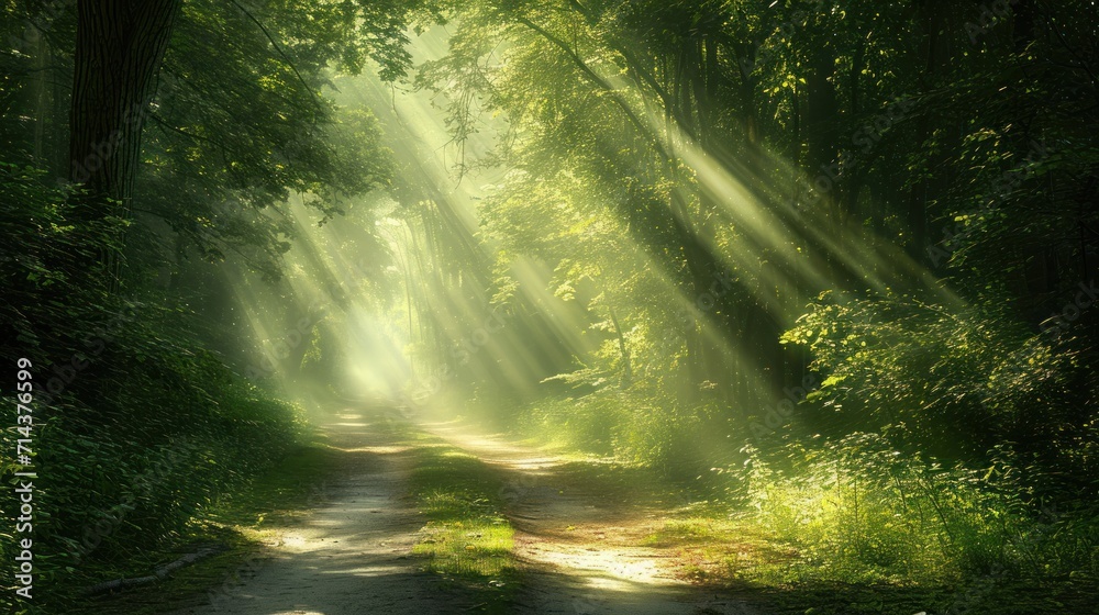 Obraz premium a dirt road in the middle of a lush green forest with sunbeams shining through the trees on either side of the road is a dirt path that runs through the woods.