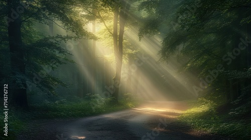  a dirt road in the middle of a forest with bright beams of light coming through the trees on either side of the road is a dirt road that runs through the woods.