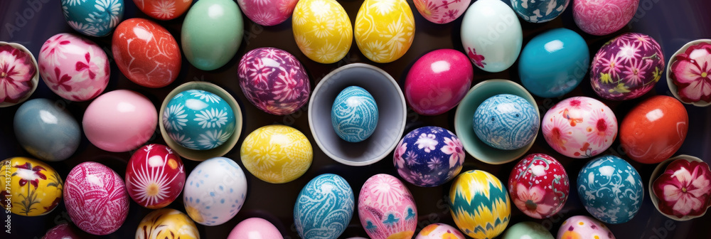 Top view of colorful Easter eggs with flower decoration on dark purple background. Multicolor painted eggs banner on violet surface. Generative AI.