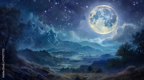  a painting of a night scene with a full moon in the sky and mountains in the foreground, with a river running through the foreground, and a mountain range in the foreground. © Anna