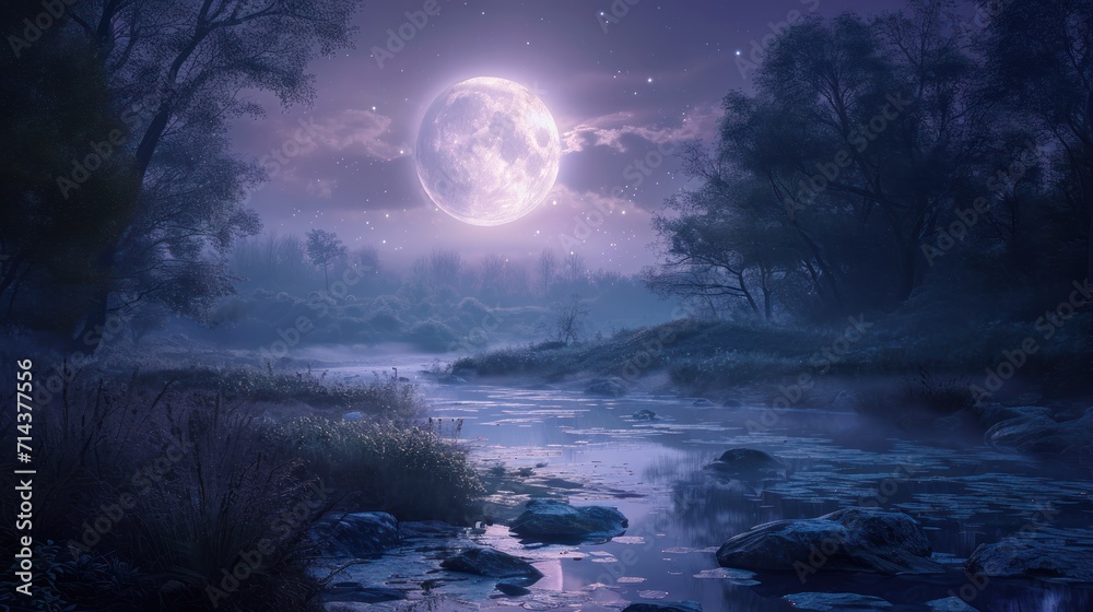 a painting of a river at night with a full moon in the sky and stars in the sky above the water and rocks in the water and on the ground. a painting of a river at night with a full moon in the sky and stars in the sky above the water and rocks in the water and on the ground.