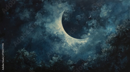  a painting of a crescent in a cloudy sky with a half moon in the middle of the sky and a few clouds on the bottom half of the moon in the sky.