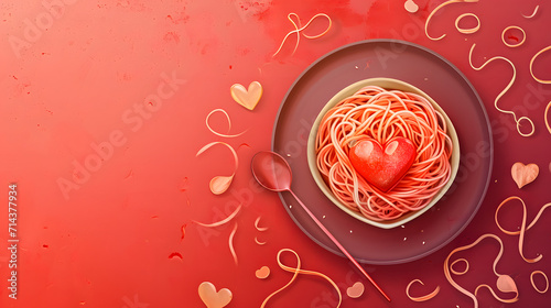 A romantic dinner is complete with a bowl of spaghetti, but what truly warms the heart is the unexpected red shape nestled among the noodles photo