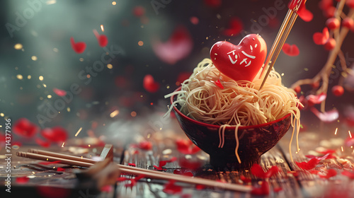 A festive holiday treat, this steaming bowl of noodles topped with a heart-shaped tomato is sure to warm both stomachs and hearts with its vibrant red color photo
