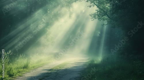  a road in the middle of a forest with sunbeams coming through the trees and a car on the side of the road in the middle of the road.