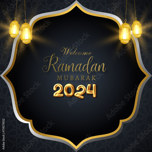 welcome ramadan mubarak 2024 banner with black and golden background design