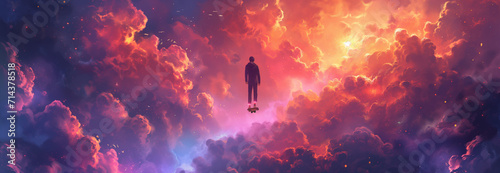 Colorful space scene with a person riding a skateboard. 
Driving in the cosmos, colorful clouds