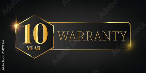 10 year warranty logo with golden banner and golden ribbon.Vector illustration.