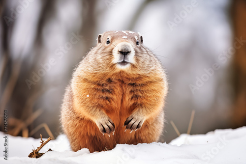 Groundhog coming out of its hole with snow to see if it has a shadow on Groundhogs Day © Richard