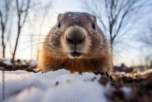 Groundhog coming out of its hole with snow to see if it has a shadow on Groundhogs Day