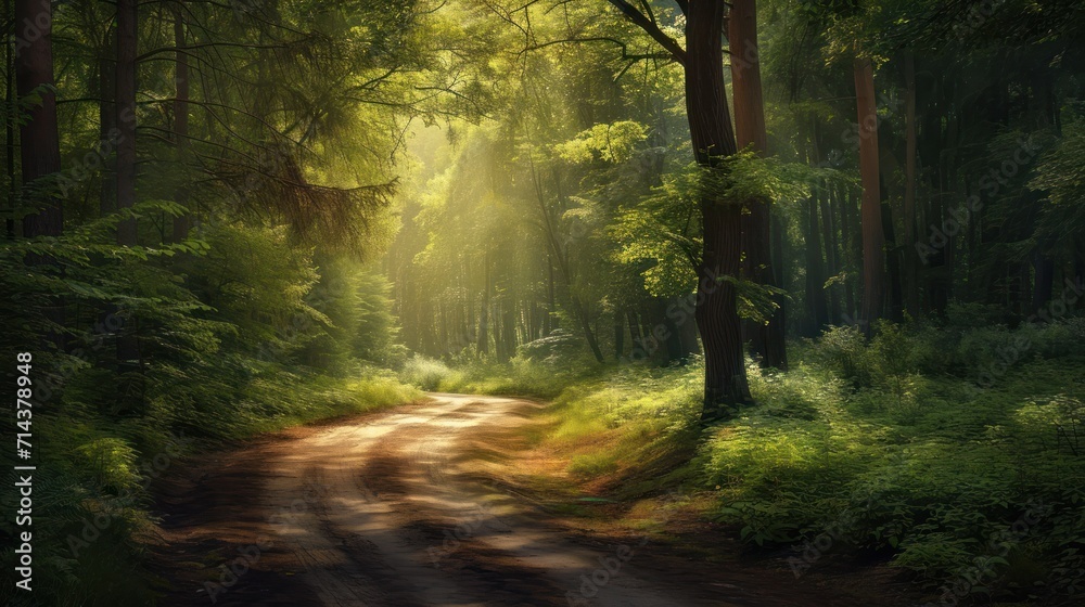  a dirt road in the middle of a forest with sunbeams shining through the trees on either side of the road is a dirt road that runs through the woods.
