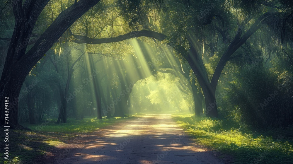  a dirt road in the middle of a forest with sunbeams shining through the trees on either side of the road is a dirt road with grass and trees on both sides. - obrazy, fototapety, plakaty 
