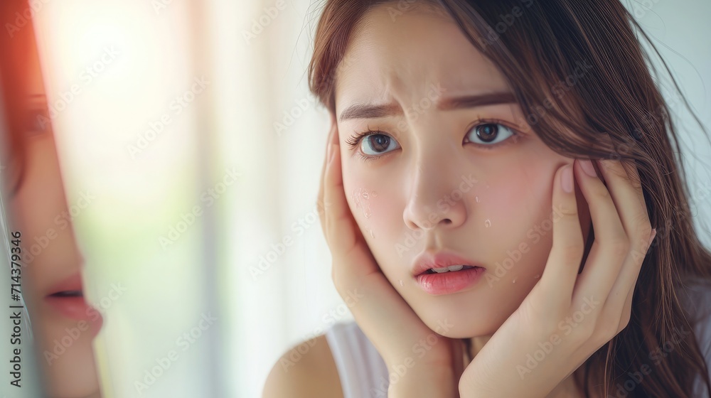 Dermatology, scratch asian young woman looking at mirror, expression worry and itch, itchy allergy or allergic sensitive reaction, red spot or rash on her face. Beauty care from skin problem treatment Dermatology, scratch asian young woman looking at mirror, expression worry and itch, itchy allergy or allergic sensitive reaction, red spot or rash on her face. Beauty care from skin problem treatment