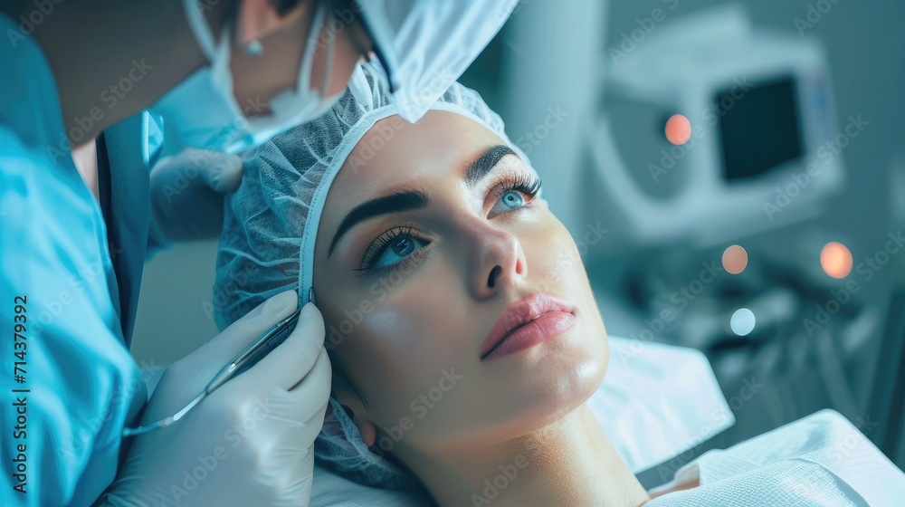 Doctor preparing female patient for cosmetic surgery in clinic