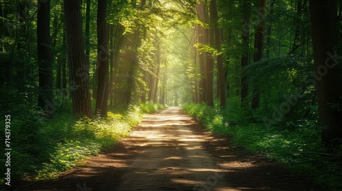  a dirt road in the middle of a forest with trees on both sides of it and the sun shining through the trees on the other side of the dirt road.