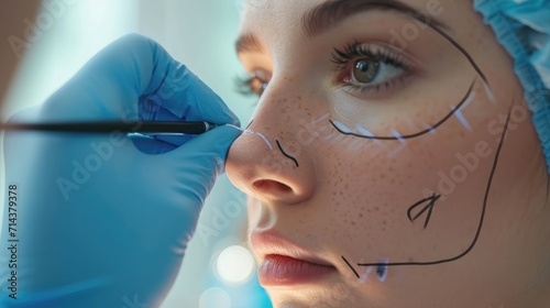 doctor is drawing mark up lines on nose before rhinoplasty surgery. Rhinoplasty markup. Rhinoplasty is reshaping nose surgery for change appearance of the nose and improve breathing