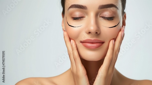 Facial Treatment. Portrait Of Beautiful Sexy Woman With Closed Eyes And Black Surgical Lines On Skin. Closeup Of Hands Touching Young Female Face. Plastic Surgery Concept. High Resolution