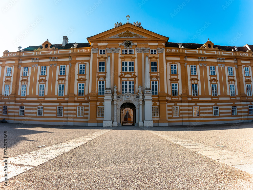 Obraz premium View on the interior and exterior of the Melk abbey and the Melk town in Lower Austria