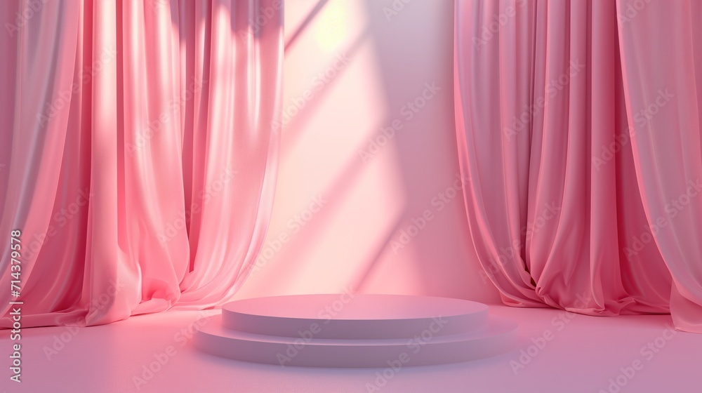 3d podium with curtain background. Colors of pink
