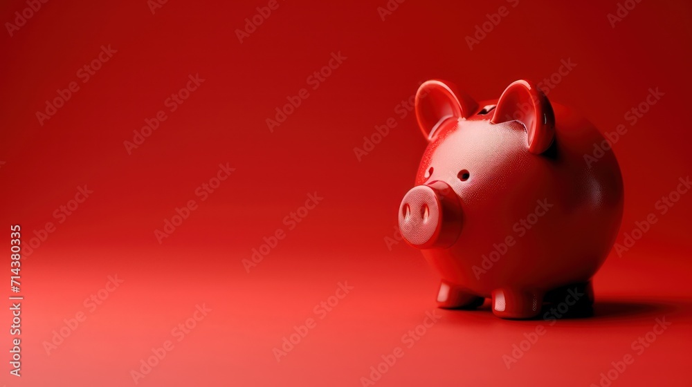 A red piggy Bank stands on a bright red background with a shadow. Horizontal photography