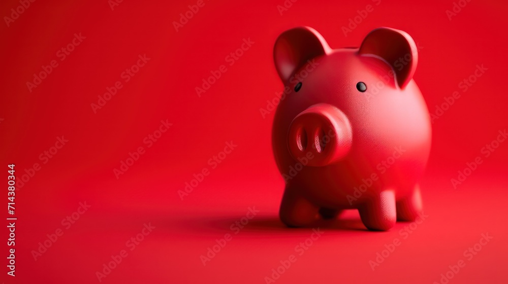 A red piggy Bank stands on a bright red background with a shadow. Horizontal photography