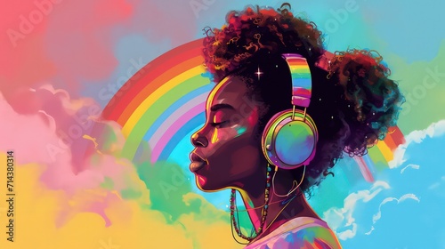 Abstract cartoon illustration of the woman in headphones. art illustration.