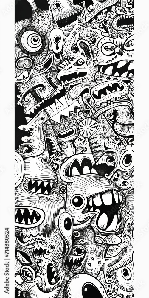 Black and White Drawing of Monsters, Spooky Creatures in Art